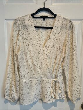 Banana Republic Wrap Style Cream Blouse with Black Polka Dots (Large)